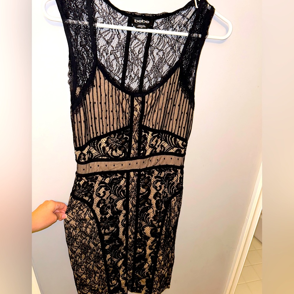 BEBE Black Lace bodycon dress.
